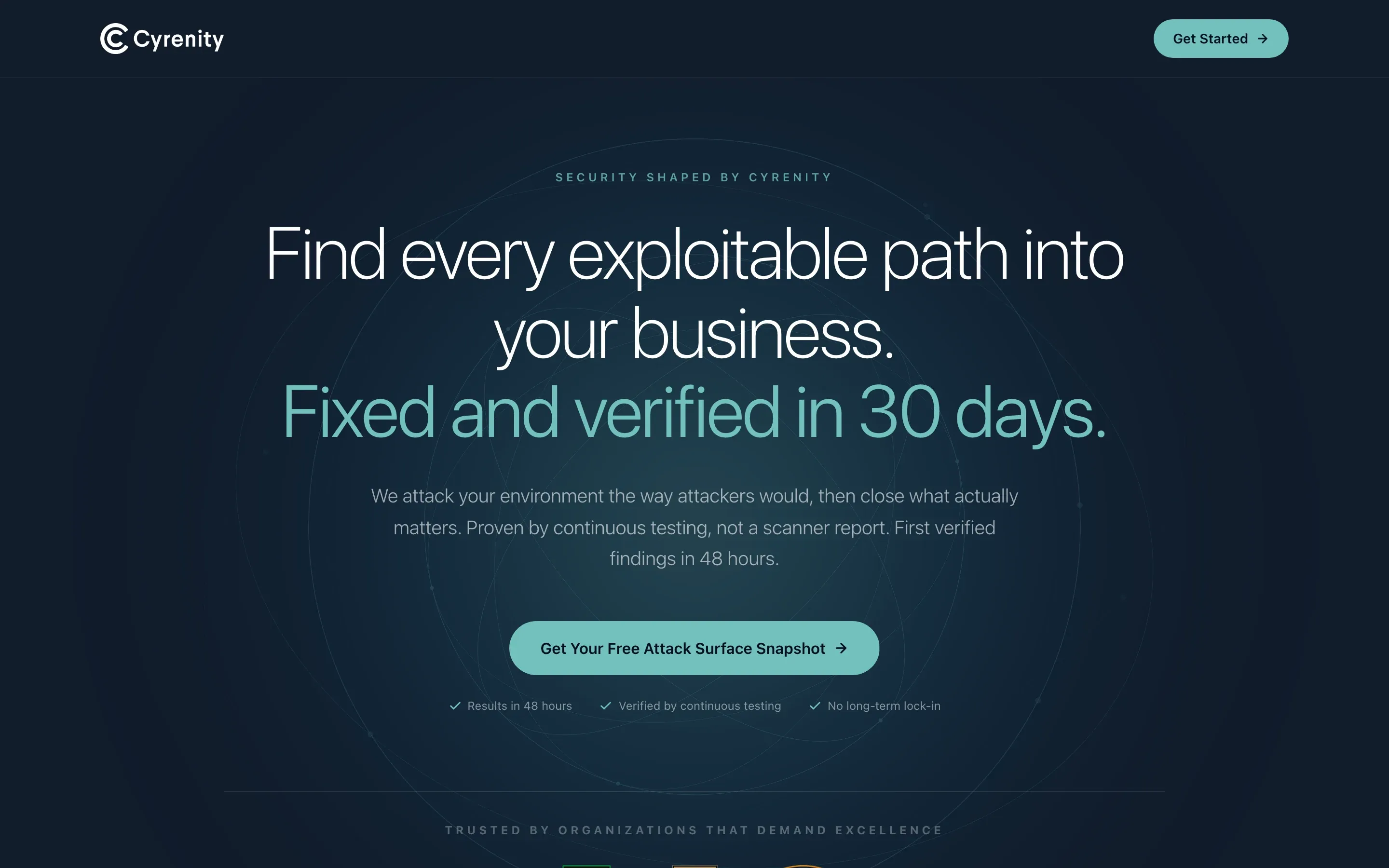 The cyrenitycyber.com first screen: the headline 'Find every exploitable path into your business. Fixed and verified in 30 days.' over a dark navy field, with a single teal call to action.