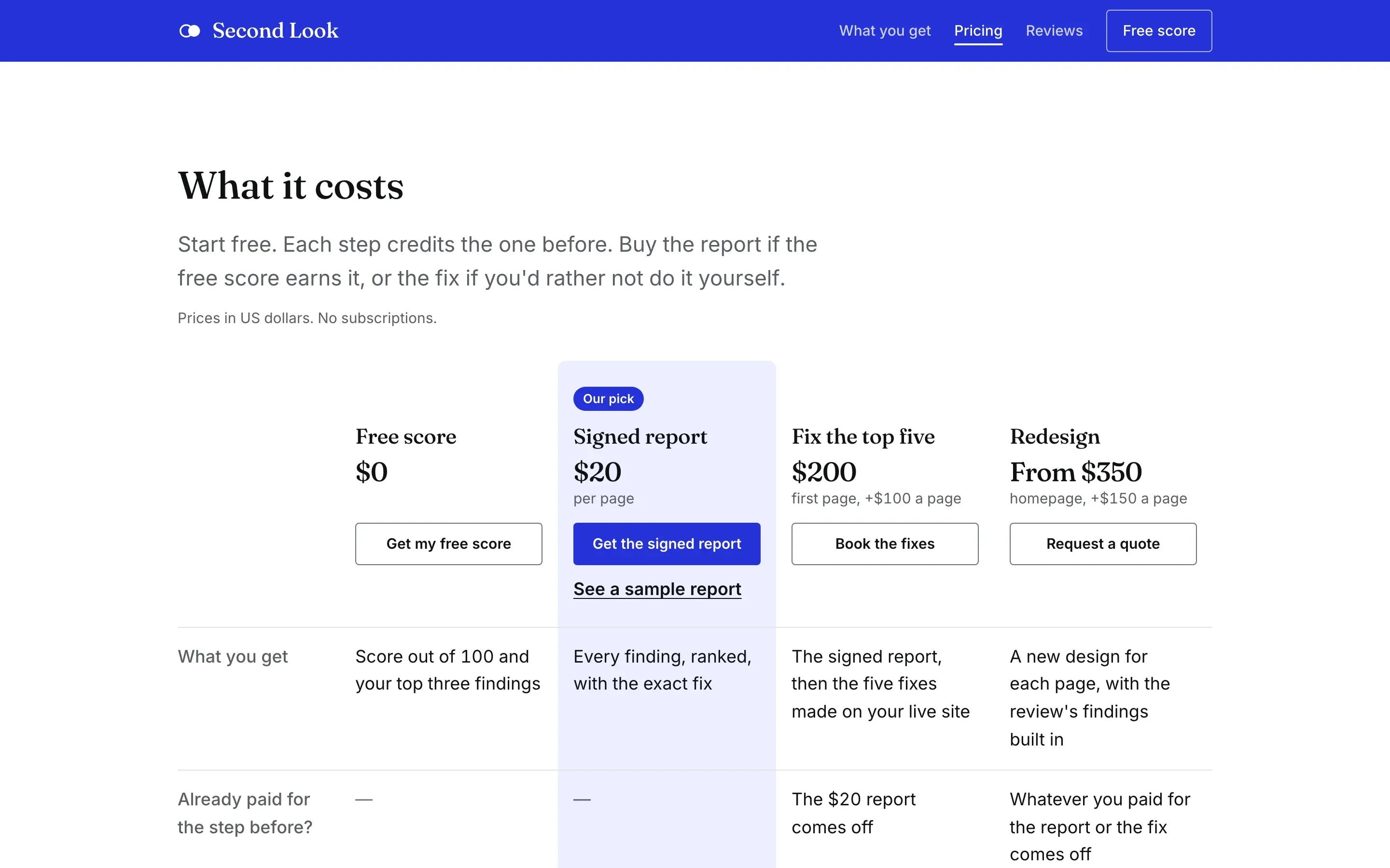 Second Look pricing table with four tiers: free score $0, signed report $20, fix the top five $200, redesign from $350.