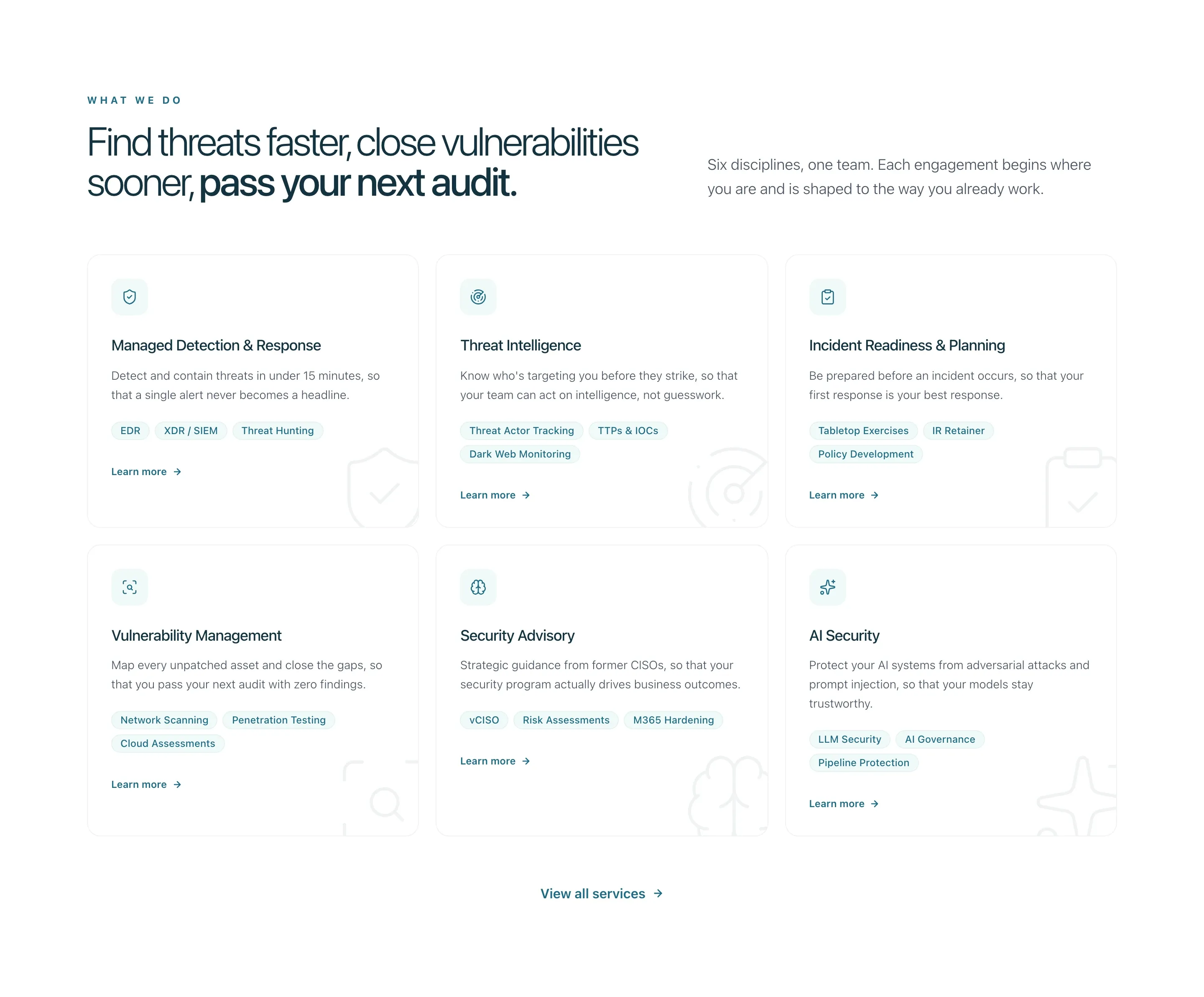 The 'What we do' section: six service cards for managed detection and response, threat intelligence, incident readiness, vulnerability management, security advisory and AI security.