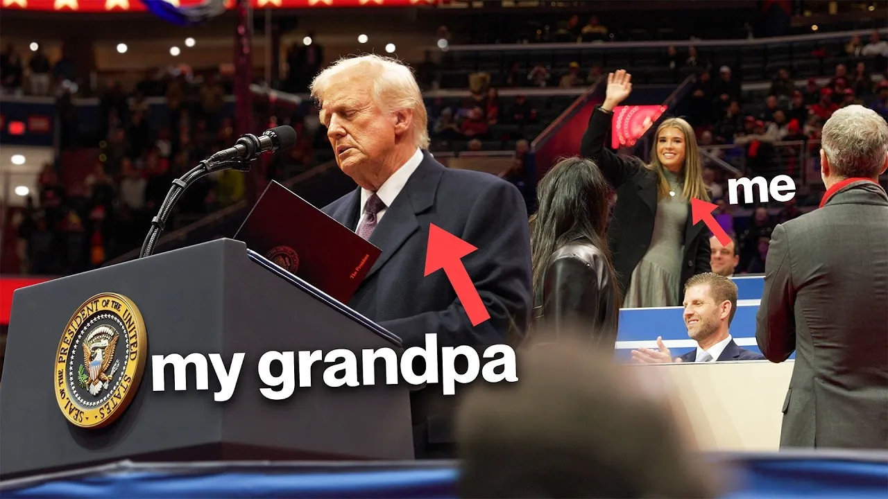 Video thumbnail from the Kai Trump channel: President Trump at a podium labelled 'my grandpa', with Kai labelled 'me' in the crowd behind.